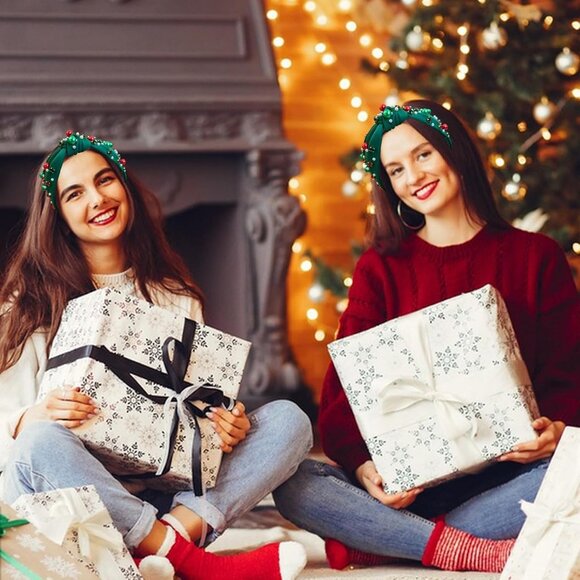 Green Pearl & Rhinestone Christmas Headband | Jeweled Knotted Hairband | Holiday - Picture 6 of 7